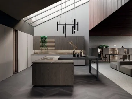 Cucina Design con isola e penisola in rovere grigio e bilaminato pietra piasentina Bluna Legno di Binova