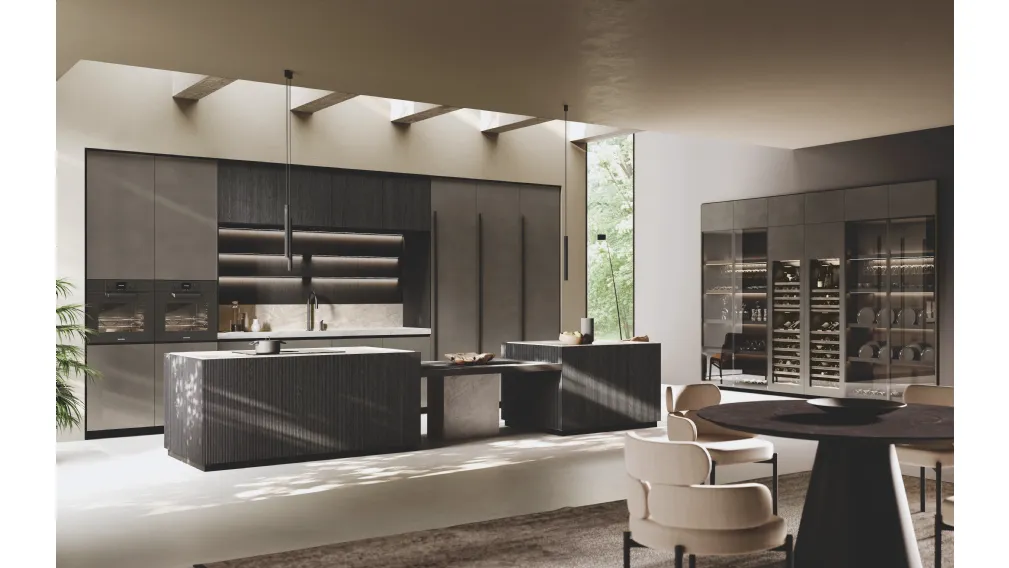 Cucina Design in laccato Metal con isola Bluna Legno Rigato di Binova