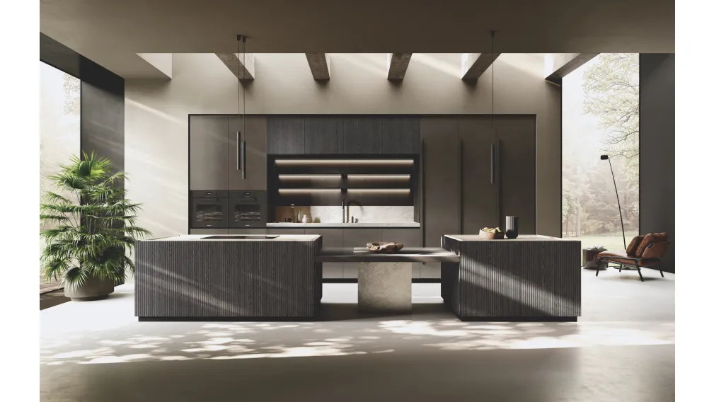 Cucina Design in laccato Metal con isola Bluna Legno Rigato di Binova