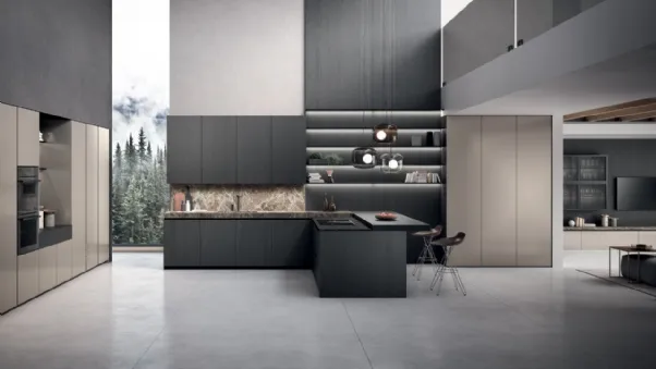 Cucina Design con penisola Bluna Tech in rovere carbone e alluminio di Binova