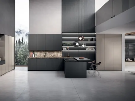 Cucina Design con penisola Bluna Tech in rovere carbone e alluminio di Binova