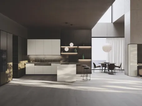 Cucina Design con penisola Bluna Tech Opaco in laccato e bilaminato legno Rovere di Binova