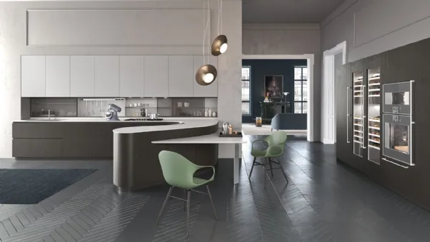 Cucina Design angolare con penisola dalle linee curve in laccato opaco Dune 06 di Pedini