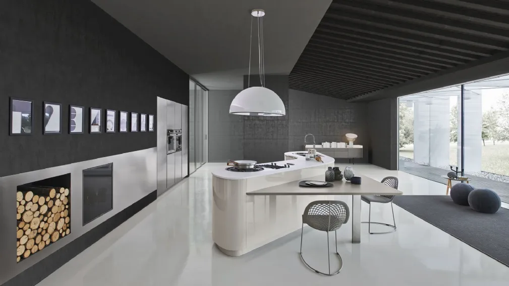 Cucina Design in laccato lucido con isola e penisola con gamba in metallo Dune 01 di Pedini