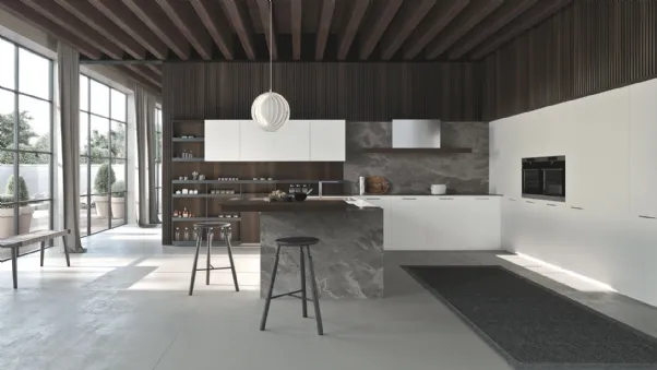 Cucina Design angolare in laccato bianco opaco e pietra con penisola in legno K016 06 di Pedini