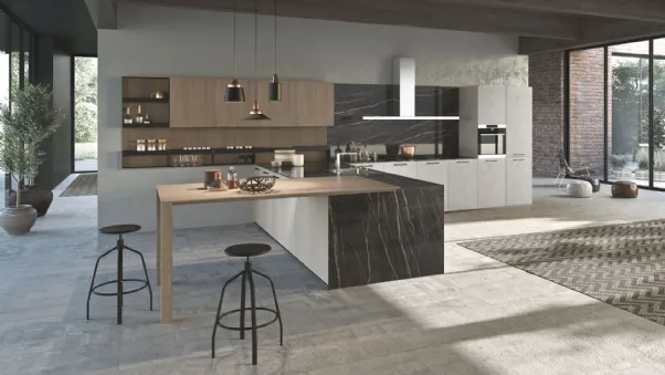Cucina Design angolare con penisola in laccato, marmo e legno K016 07 di Pedini
