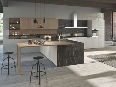Cucina Design angolare con penisola in laccato, marmo e legno K016 07 di Pedini