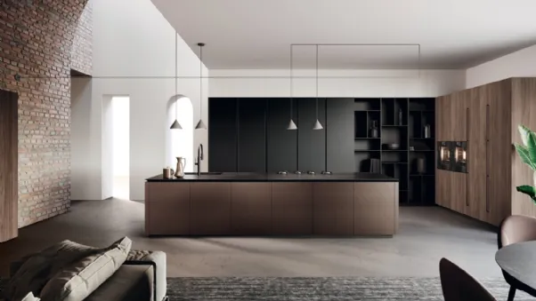 Cucina Design in laccato Nero e laccato alluminio brunito, vetro e bilaminato noce con isola Lab di Binova