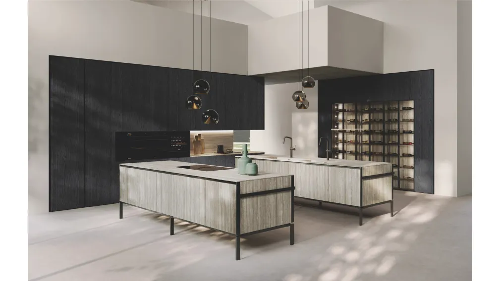 Cucina Design in bilaminato Rovere Black con doppia isola Lab Grès di Binova