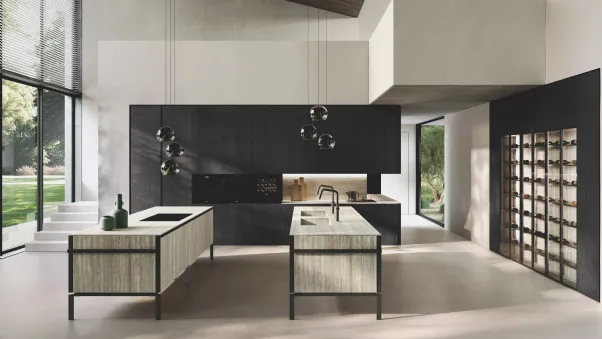 Cucina Design in bilaminato Rovere Black con doppia isola Lab Gres di Binova