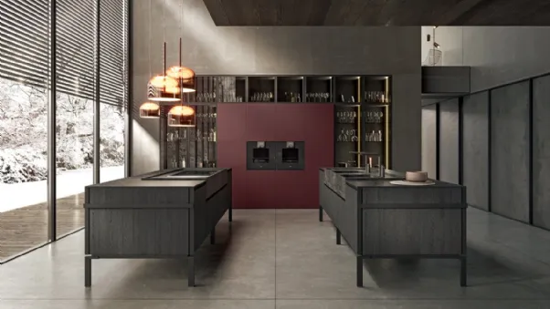 Cucina Design con doppia isola in legno con top in gres e piedi in metallo Regula di Binova