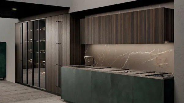 Cucina Design in laccato e bilaminato effetto legno con top in gres Scava di Binova