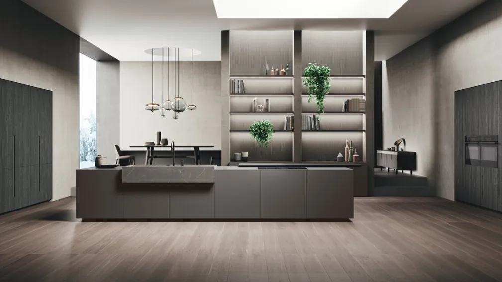 Cucina Design con isola Vogue Legno in laccato opaco, gres e rovere di Binova