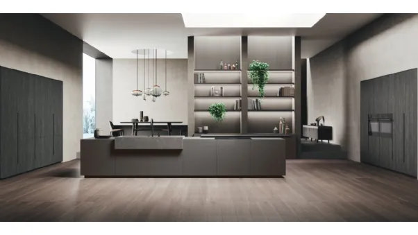 Cucina Design con isola Vogue Legno in laccato opaco, gres e rovere di Binova