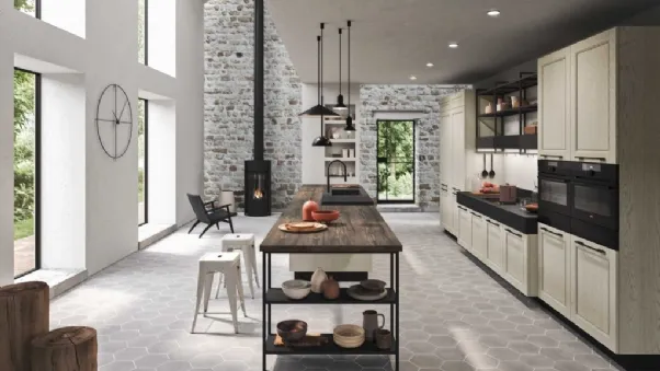 Cucina Moderna in laccato mandorla con penisola in HPL effetto legno tarlato e top in HPL effetto pietra Cloe 03 di Ar-Tre