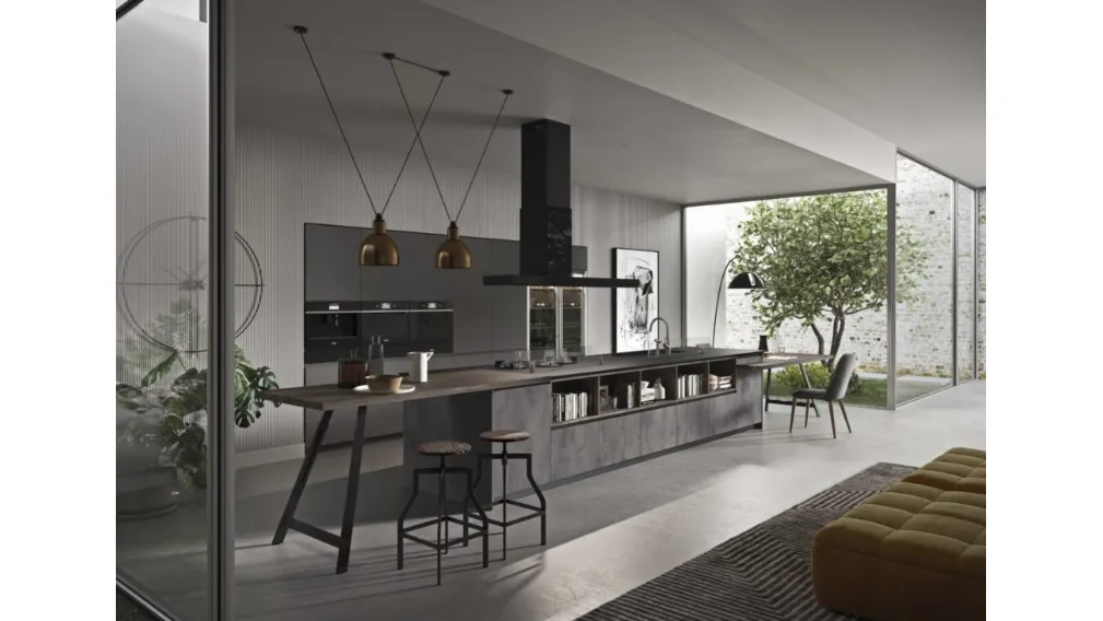 Cucina Moderna lineare in finitura pietra antracite e noce ardesia Fly Evo 06 di Ar-Tre