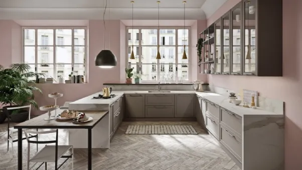 Cucina Moderna angolare con penisola in laccato opaco e HPL effetto marmo Vintage di Ar-Tre
