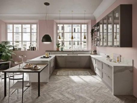 Cucina Moderna angolare con penisola in laccato opaco e HPL effetto marmo Vintage di Ar-Tre