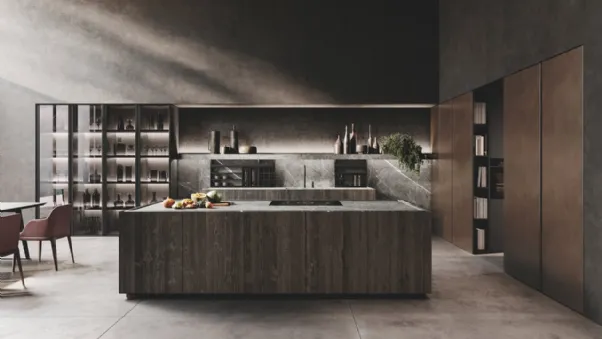 Cucina Design con isola in legno di Abete Nero e gres finitura marble grey e colonne in laccato metal Bluna Metal di Binova